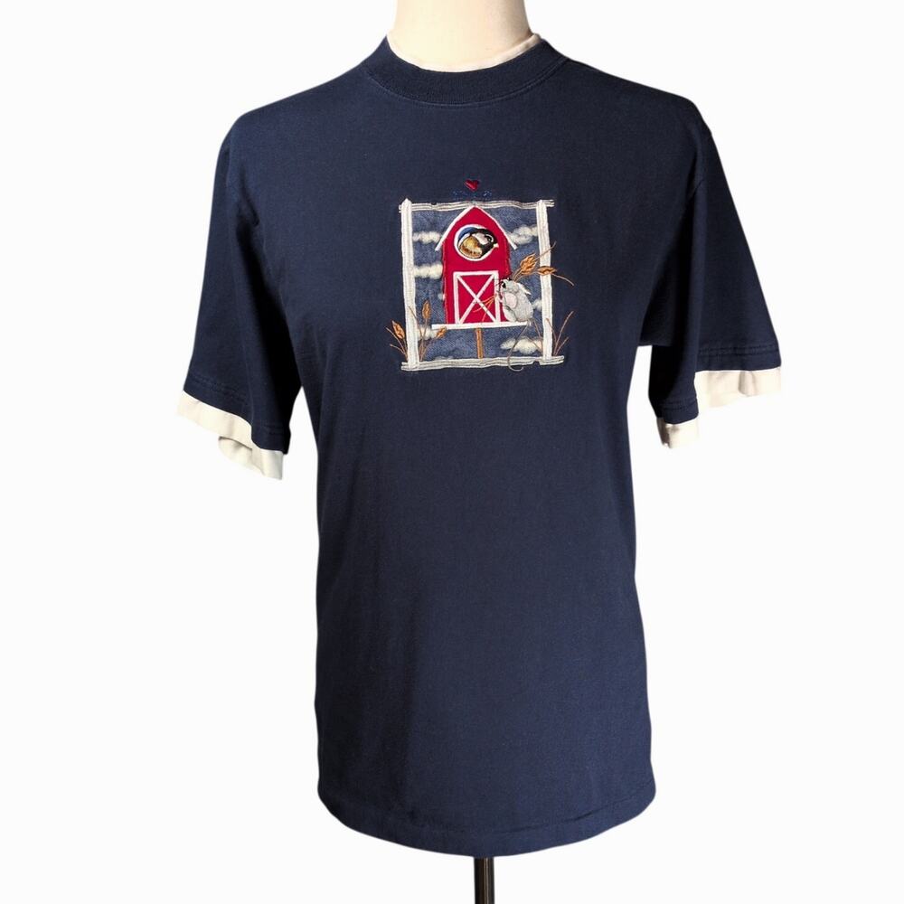 VTG Embroidered Mouse Bird Farmhouse Top Stitch Navy White Layered T-Shirt Med